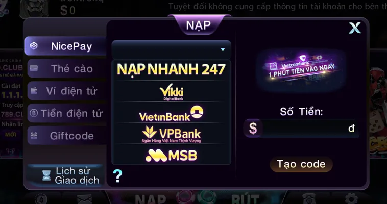 Nạp tiền 789club qua tài khoản ngân hàng - an toàn - bảo mật - đa kênh.