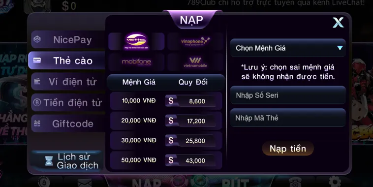 Nạp tiền bằng thẻ cào an toàn bảo mật tiện lợi.