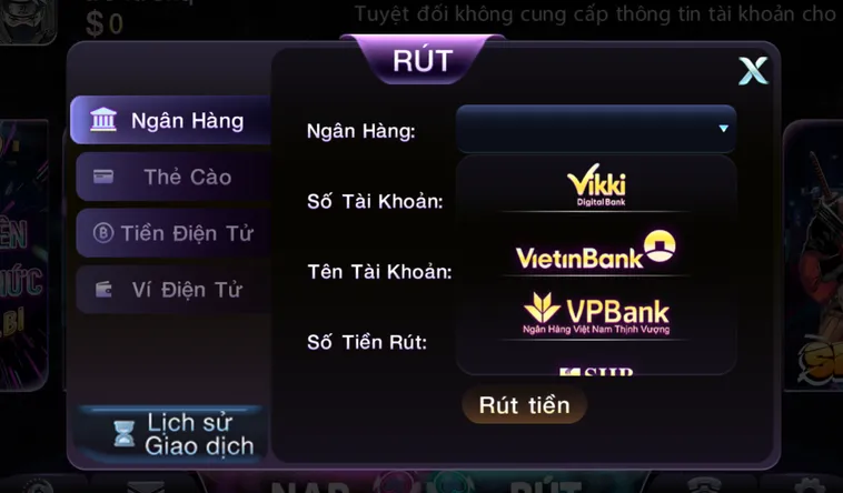 Hướng dẫn rút tiền qua tài khoản ngân hàng - liên kết tất cả các ngân hàng nội địa.